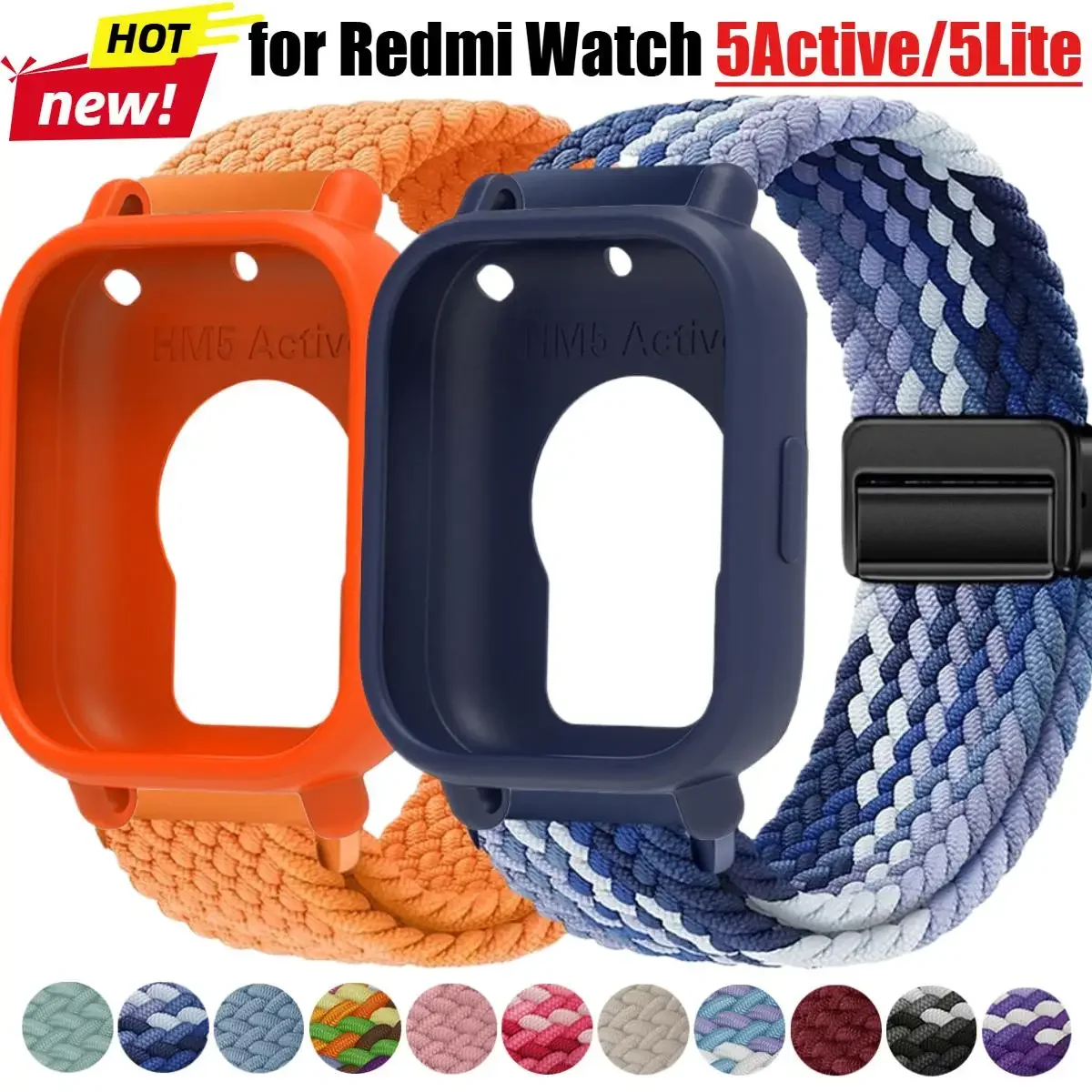 Sport-Silikonhülle + magnetisches Nylonarmband für Redmi Watch 5 Lite 5Active, elastisches Armband für Redmi Watch 5 Active, Armband