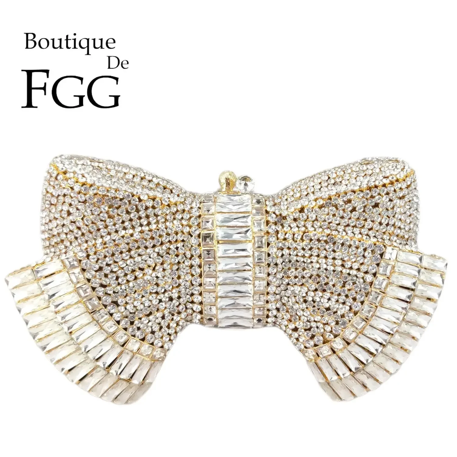 

Boutique De FGG Designer Bow Clutch Minaudiere Bag Women Crystal Gold Evening Bags Wedding Party Bridal Rhinestone Handbags