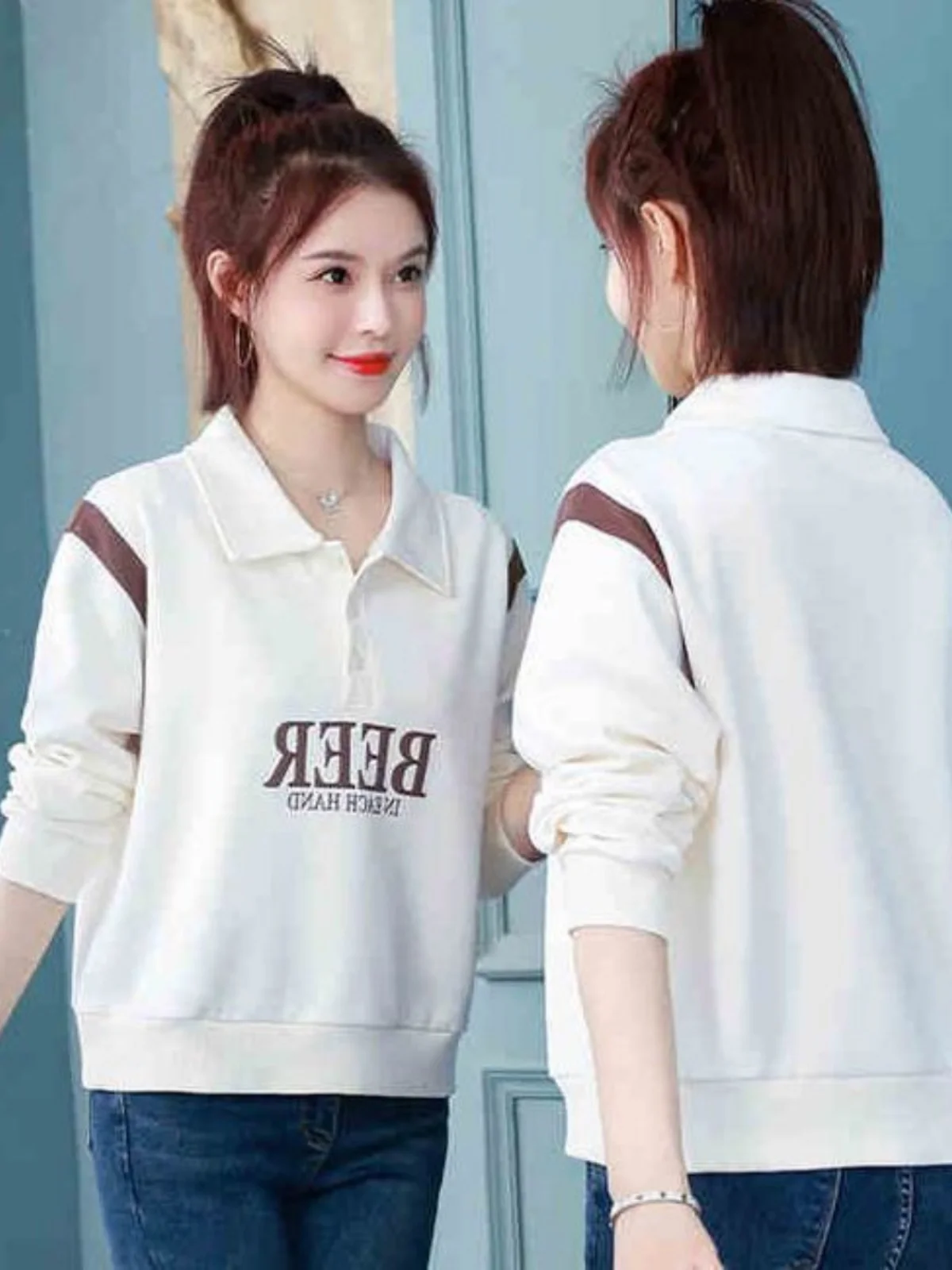 Spring Autumn Loose Long Sve Sweatirt Women ort Faion Casual Turn-down Collar Doll Collar Base irt Top