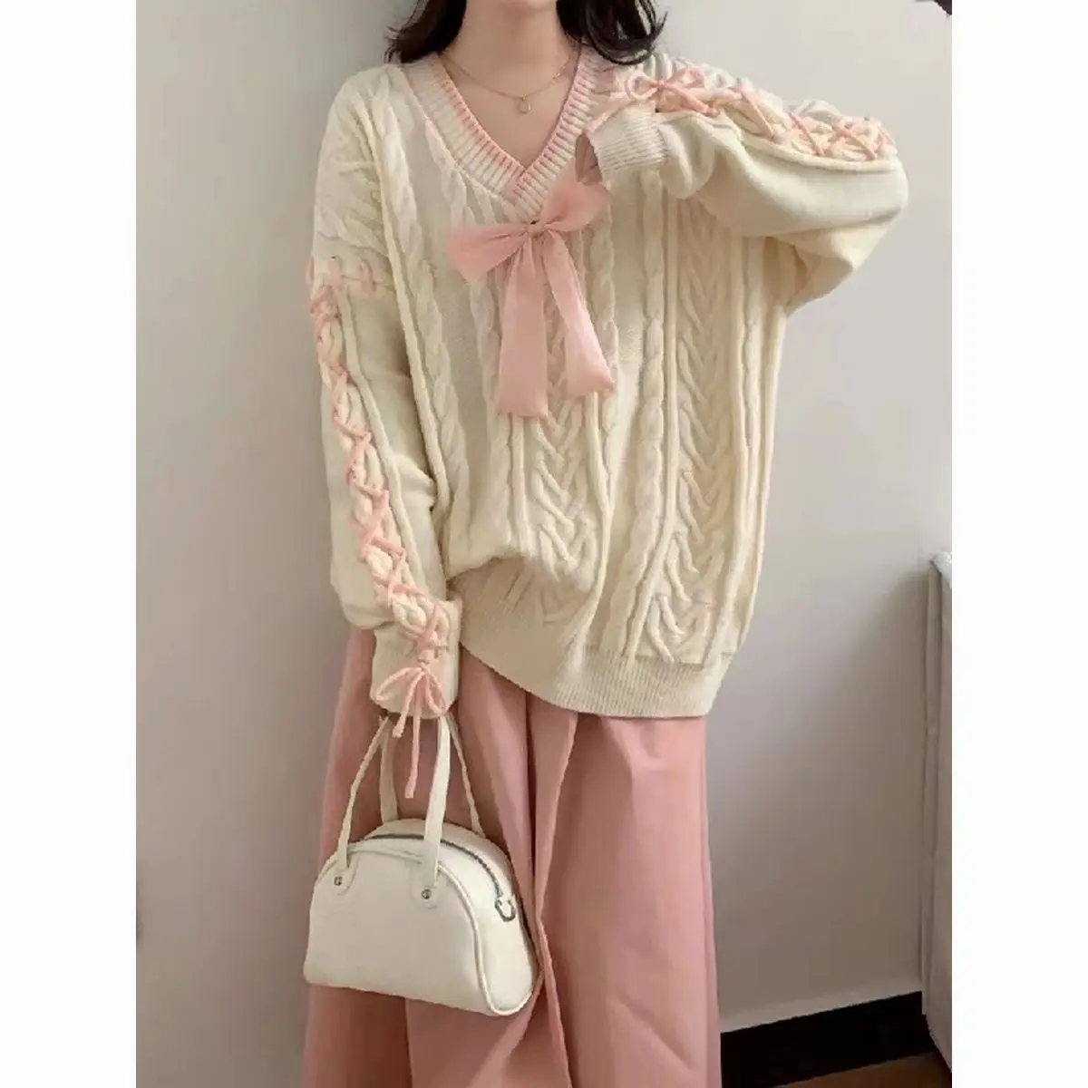 

Японский милый стильный свободный вязаный свитер с v-образным вырезом и бантом, женский осенне-зимний топ для поездок на работу, популярный стиль