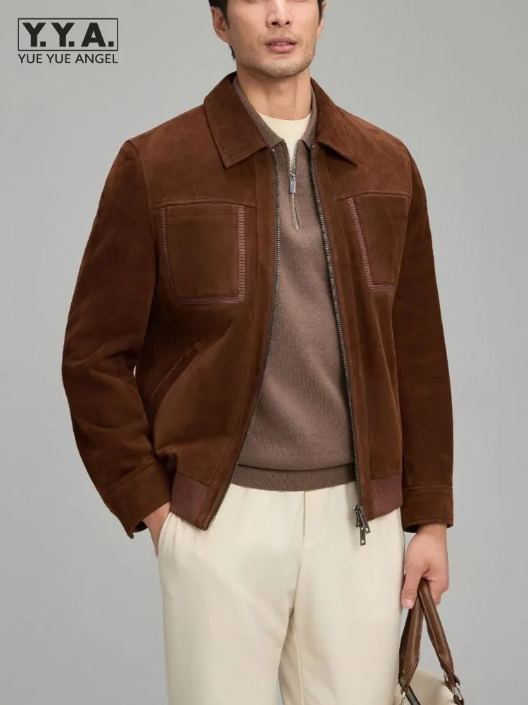 

Повседневная мужская темно-коричневая молния с прямой трубкой, замшевая куртка из натуральной кожи с воротником с лацканами, уличное мужское модное пальто с длинными рукавами