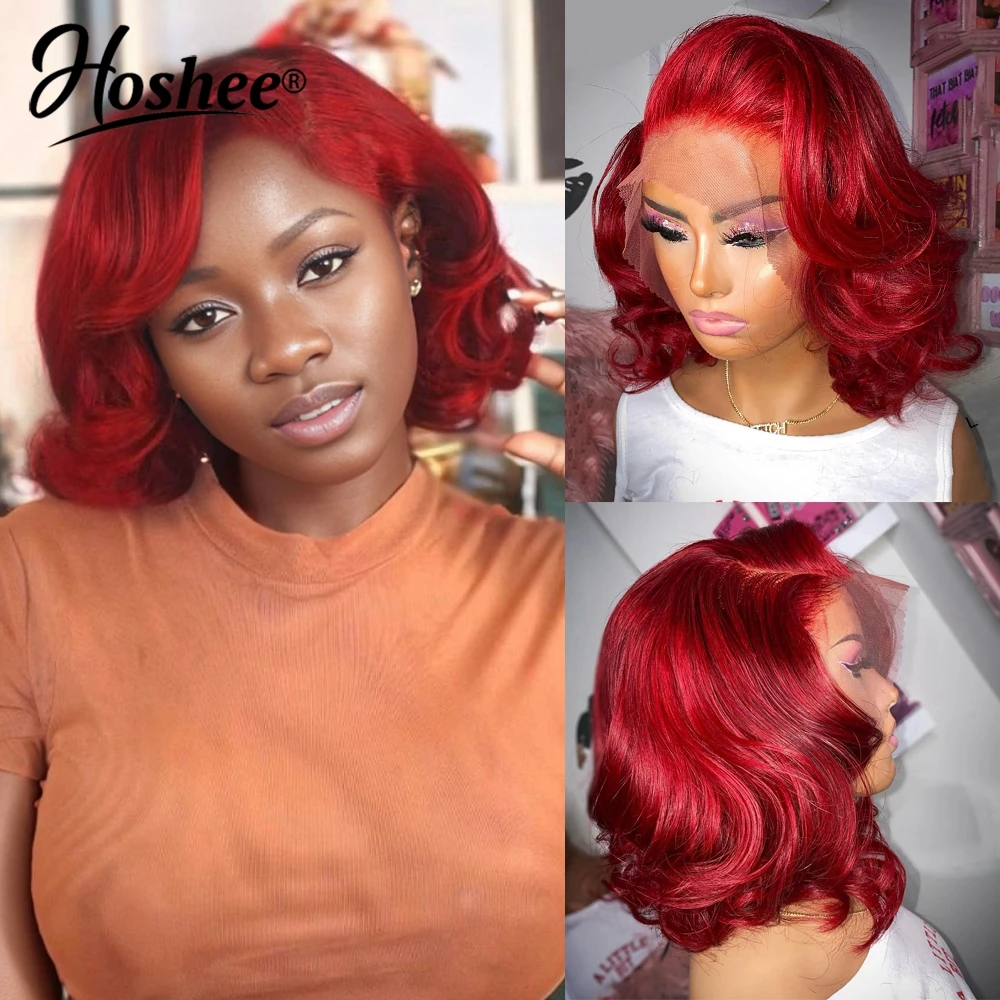 

Red Color Loose Wave Short Bob Lace Front Wig Brazilian Remy Human Hair Glueless Pixie Cut 13X4 Frontal Wigs Preplucked