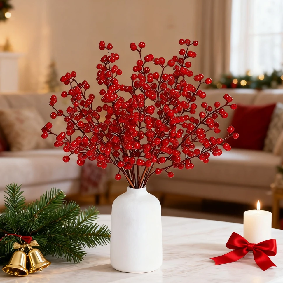

Artificial Plant Holly Little Red Fruit Christmas New Year Home Room Decor Outdoor House Yard Bonsai Wedding Charming Gift Decor