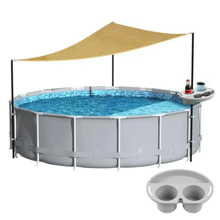 Above Ground Pool Shade Set with Storage Tray UV-Resistant Polyethylene Shade Sail for 15-22 Ft Pools, Outdoor Triangular Beige