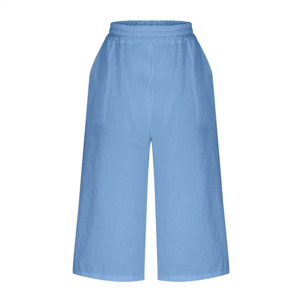 Female Casual Lazy Style Wide Leg Pants With Pockets Lightweight High Waisted Loose Cropped Capris Linen Sweatpants