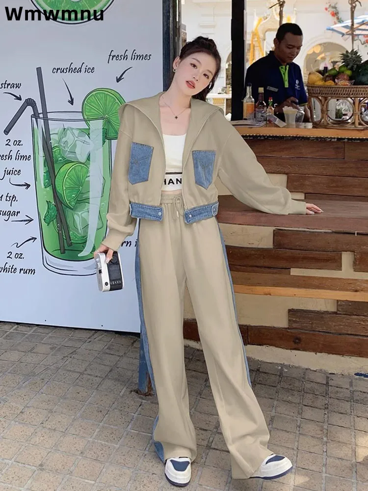 

Спортивный комплект из двух предметов на молнии с лацканами, мешковатые женские повседневные модные широкие спортивные штаны, Conjuntos, лоскутное свободное ансамбль на шнуровке