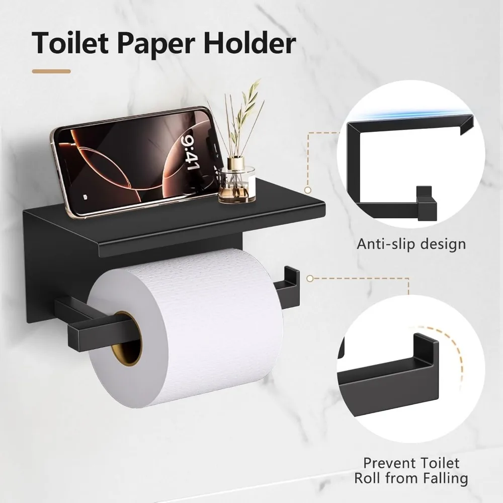 Conjunto de hardware de banheiro preto fosco de 5 peças, barra de toalha de aço inoxidável sus304 de 23,6 "com suporte de papel higiênico quadrado e prateleira