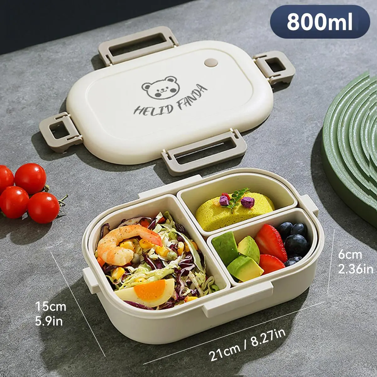 WORTHBUY Verwijderbare 3-compartimenten Lunchbox 800ml Draagbare Plastic Bento Box Magnetron School Student Kid Verzegelde Voedselcontainer