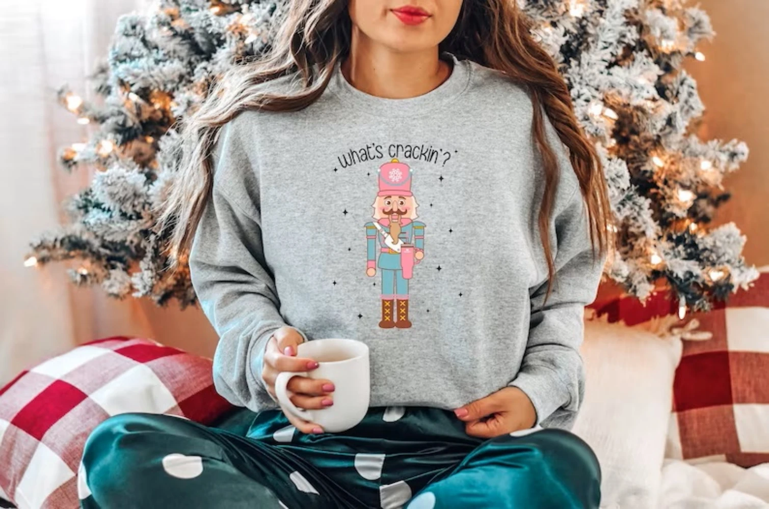 Moletom de quebra-nozes feminino, Pulôver engraçado, Trendy Xmas What\'s Crack Shirt, Vestuário de férias, Top bonito, Roupas de inverno