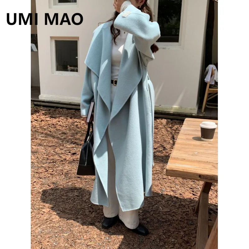 

UMI MAO шерстяное пальто женское с большим воротником в пригородном стиле двустороннее кашемировое пальто сшитое вручную новое кремово-синее женское пальто