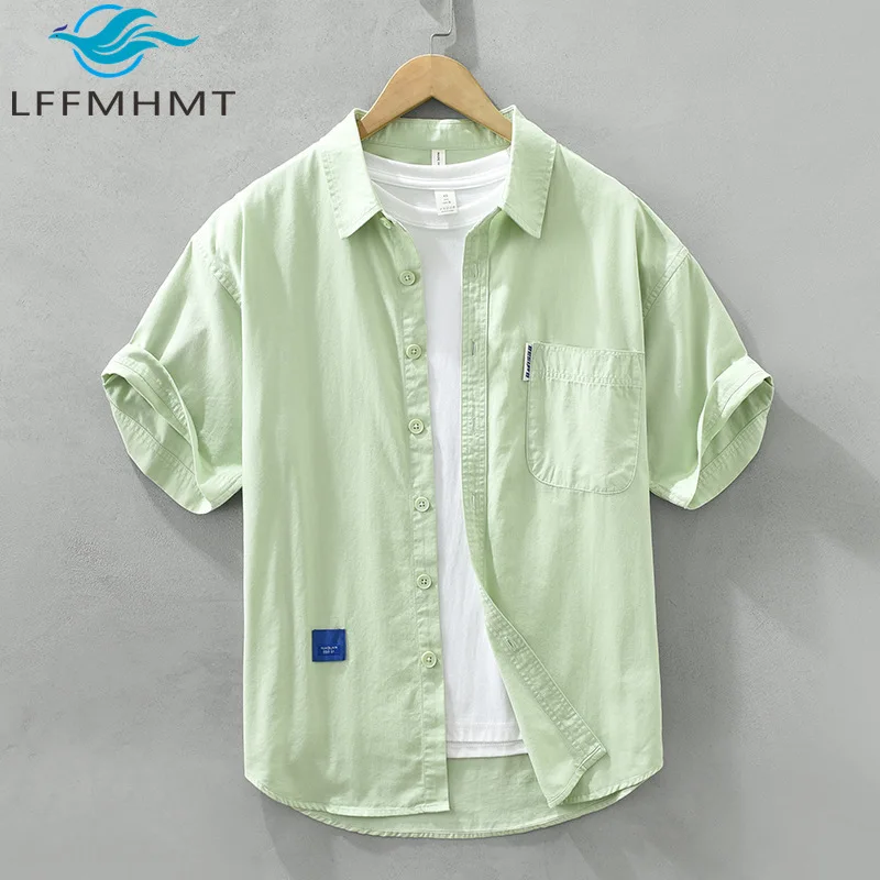 

2766 100% Cotton Good Quality Short Sleeve Shirt for Men Summer Fashion Japan Style Simple Basic Lapel Blouse Tops Male