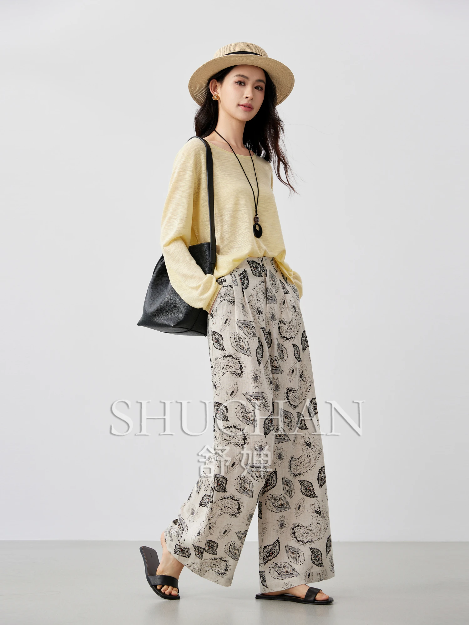 

Summer Good Quality Lyocell Linen Paisley Printed Loose Straight Casual Pants Women Summer 2025 Thin