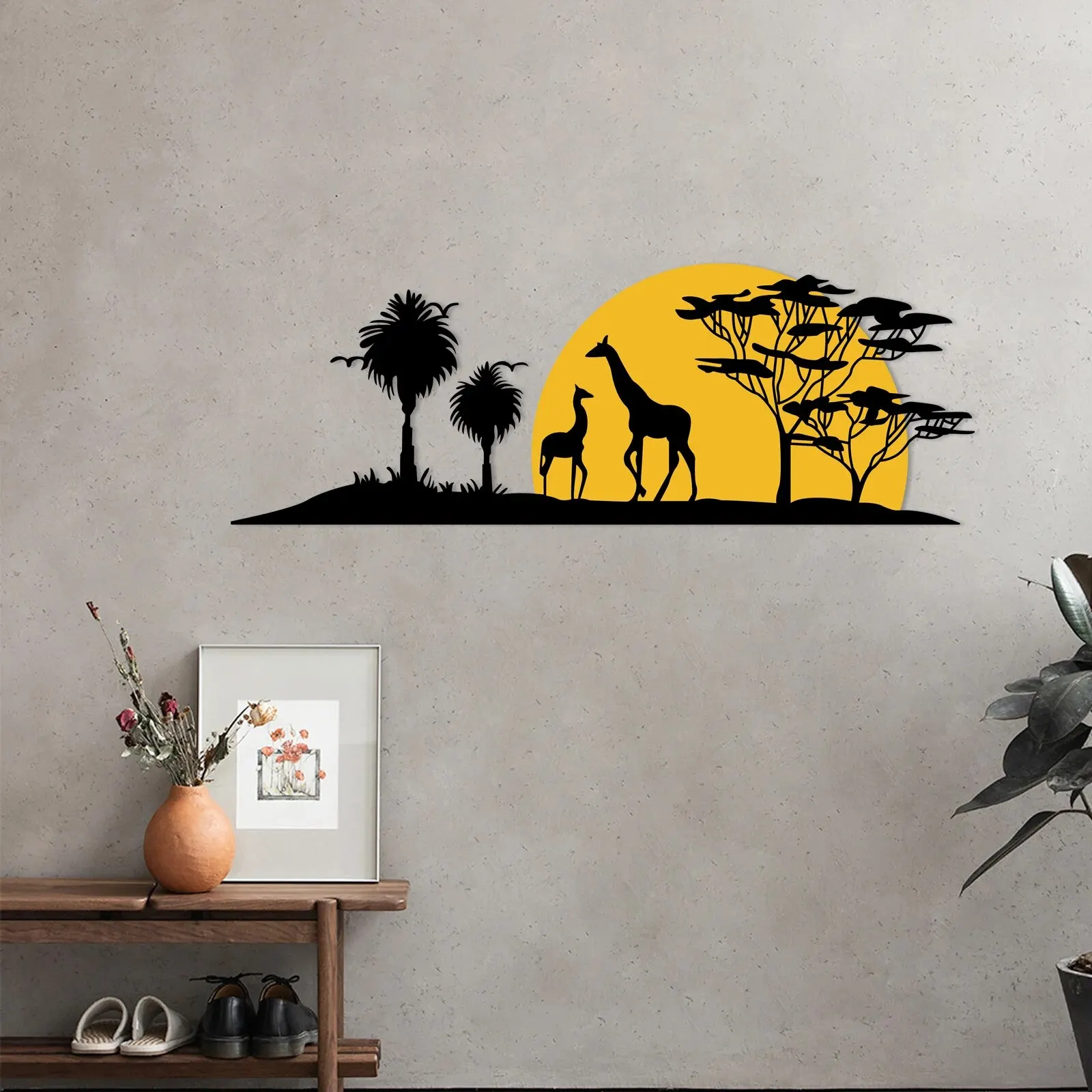 Giraffe Sunset and Tree Metal Silhouette Mural Decoration,3D Metal Wall Decoration,Wall Art Sculpture Indoor Outdoor Decorations