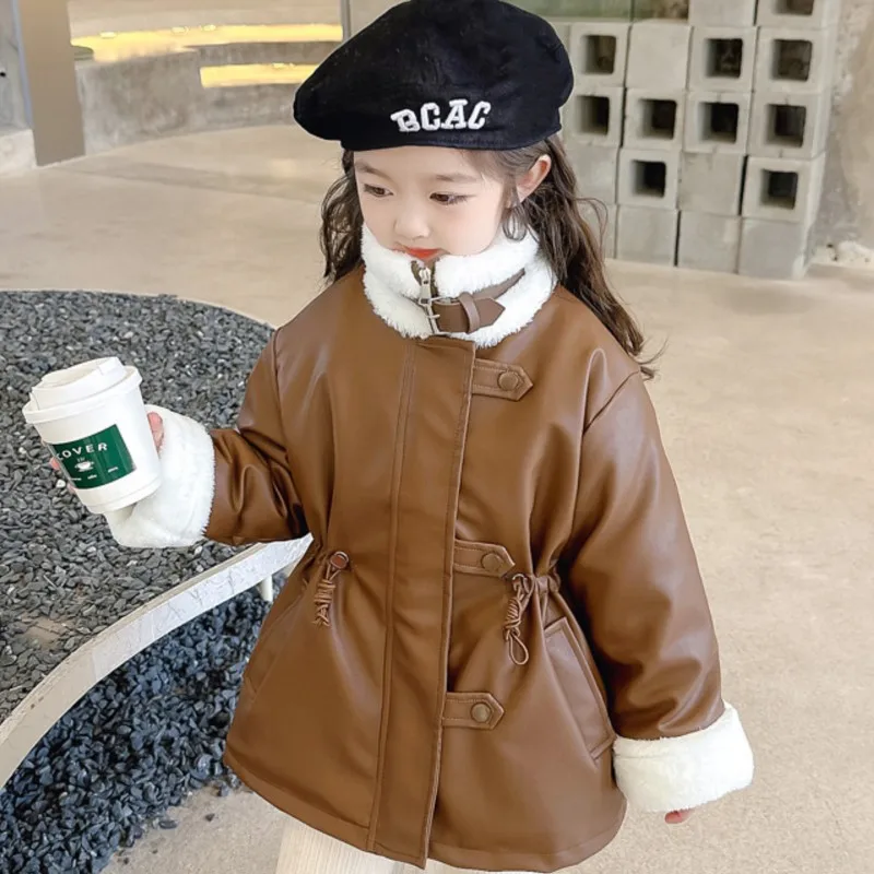 Girls pu leather jacket winter long children's cotton jacket