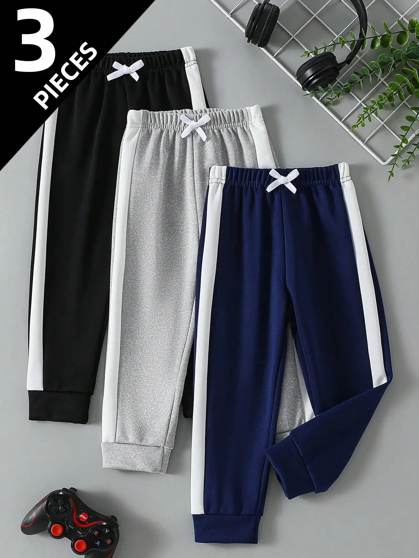 

3-Pack Kids Casual Jogger Pants with Side Stripes, Elastic Waist & Bow Detail