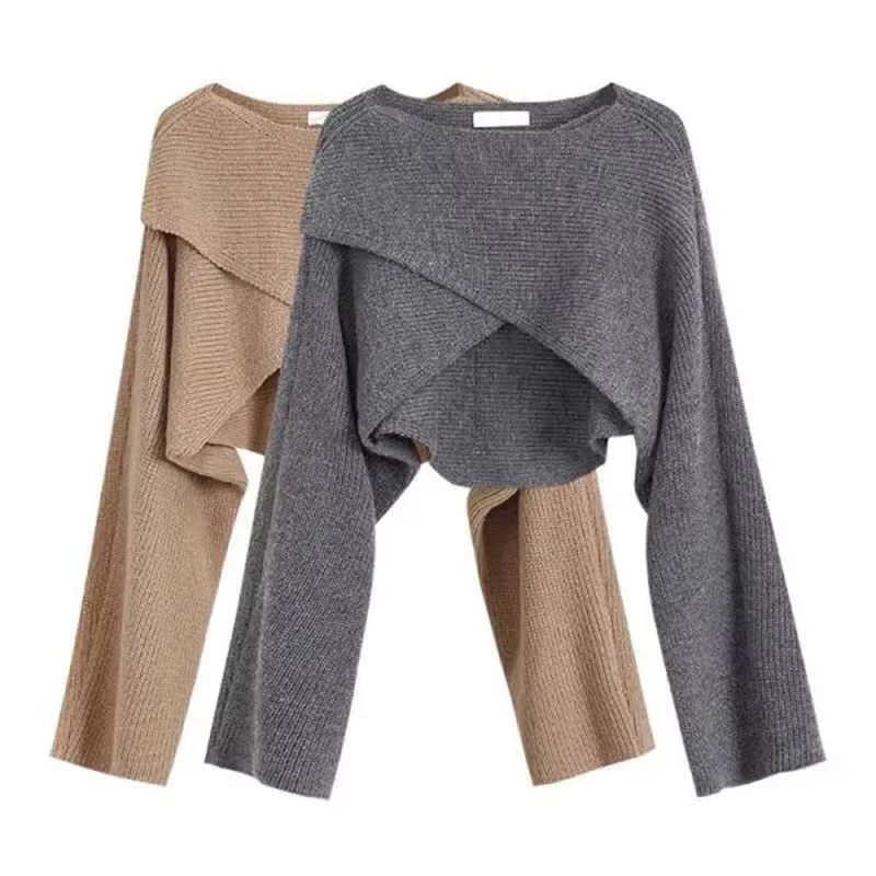 Autumn Knitted Cropped Sweater Y2K Tops Women Long Sleeve Pullovers Sweater Winter Cross Irregular Streetwear Sweater Pull