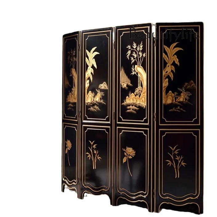 Luxury pure hand-painted partition palace neoclassical solid wood four-fold screen designer