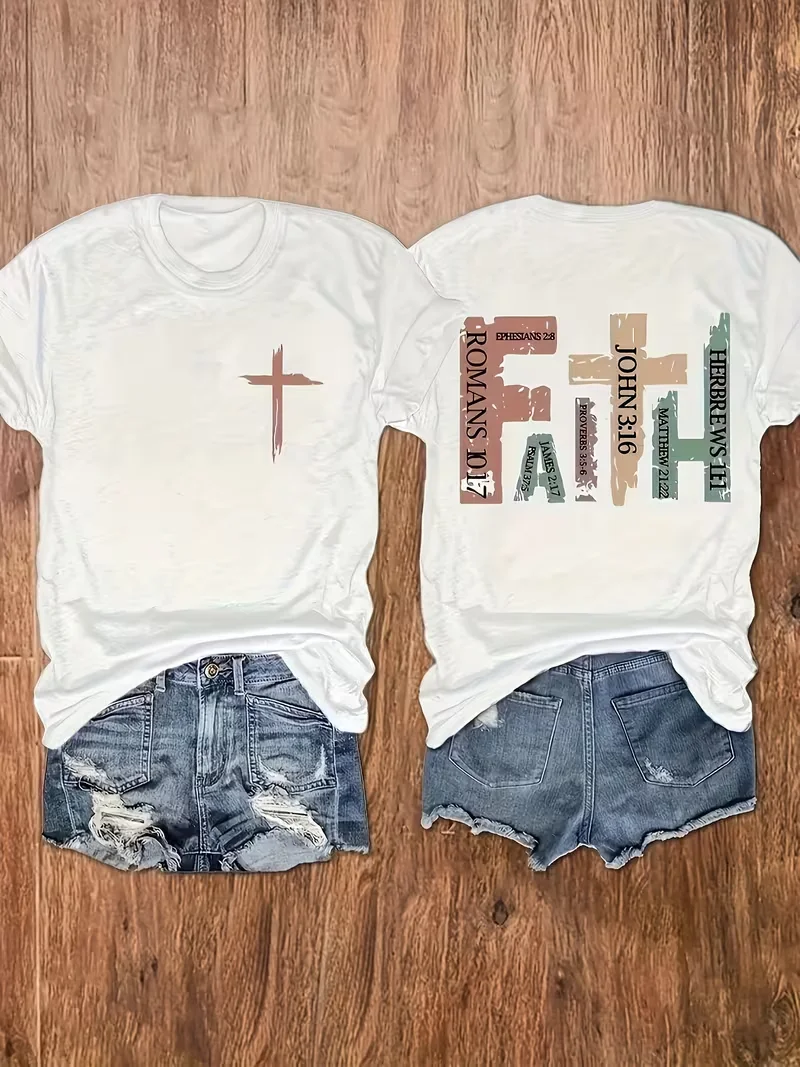 Fashion Printed T-Shirt for Women Featuring Letters, Crosses, Faith, Greatness, Individuality, and Trendy Designs Lady's T-shirt