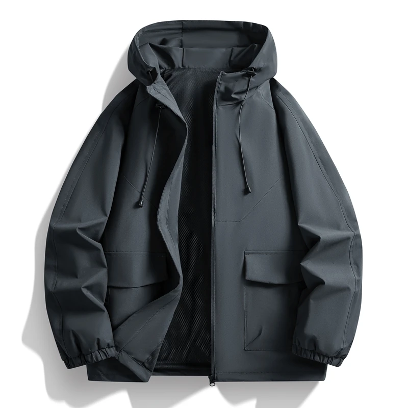 Unisex Wasserdichte Kapuzenjacke mit Verstellbarer Kapuze, Elastischen Manschetten, Cargo-Taschen, Lockerer Wander- und Outdoor-Mantel – Detail 5