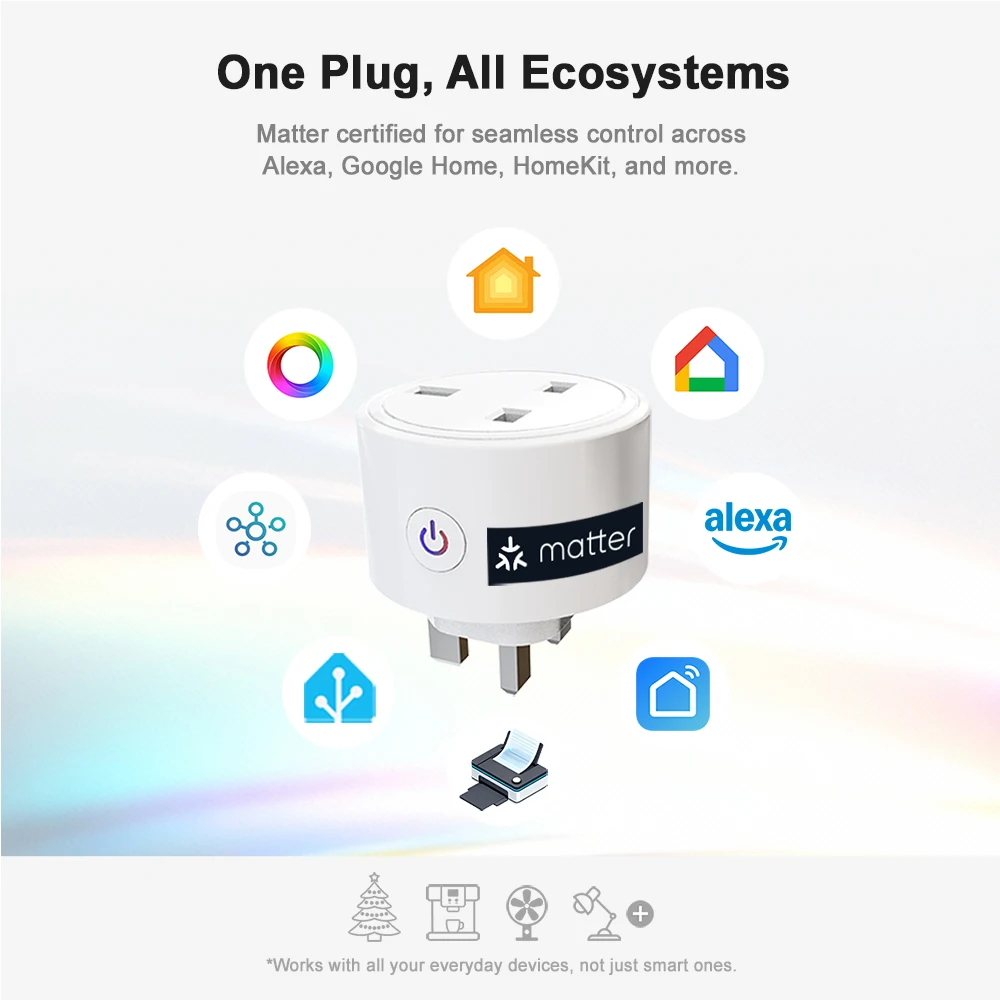 BSD29 Matter UK Smart Plug 16A/20A Energy Monitor Timer Countdown Voice Control Alexa Google, Remote Control Group Memory,