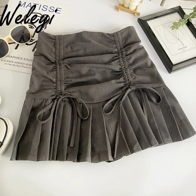 Casual Sexy Drawstring Lace-up Pleated Skirt 2024 Summer New Japanese Style Sweet Versatile High Waist Thin A-line Short Skirts