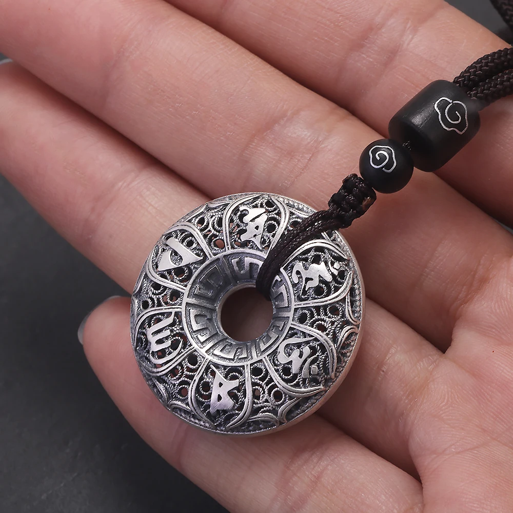 925 스털링 실버 육자진언 목걸이 남성용 원형 펜던트 브라운 로프 빈티지 종교 장신구