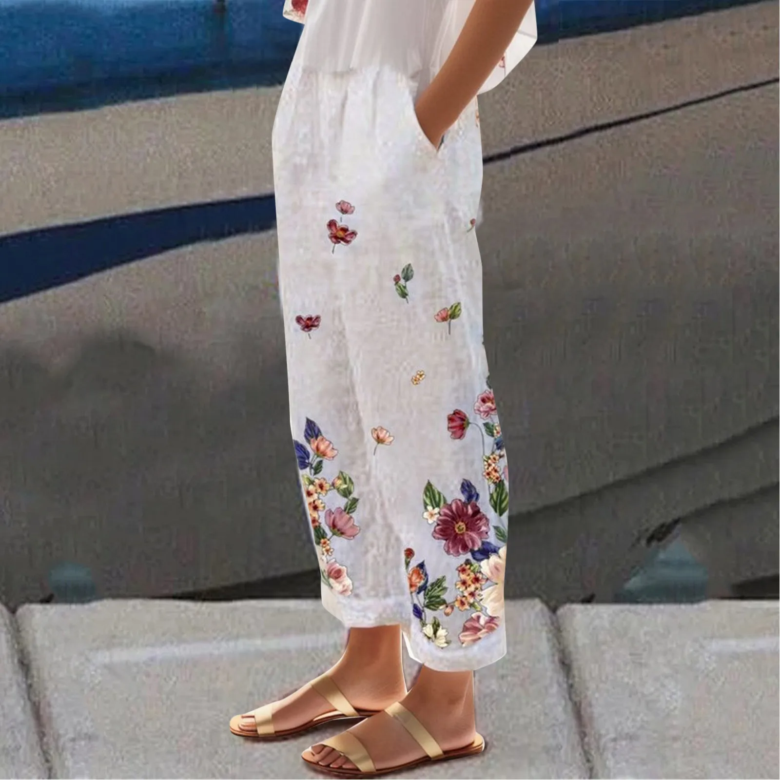 

Summer Women's Cotton Linen Pants Vintage Flower Print Loose Linen Pants Solid Colour High Waist Comfort Pocket Casual Trousers