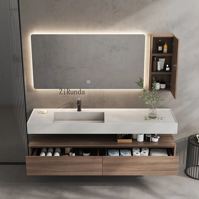 Marble countertop bathroom cabinet with large storage and durable mirror view 3