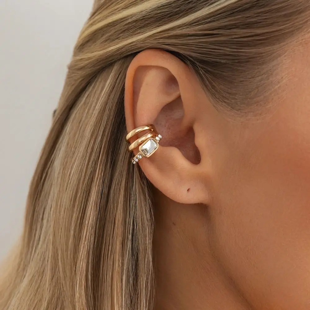 Retro Multi-Layer C-shaped Ear Clip Silver Metal Square Zircon Stud Earrings Golded Irregular Shape Rhinestone Earrings Party