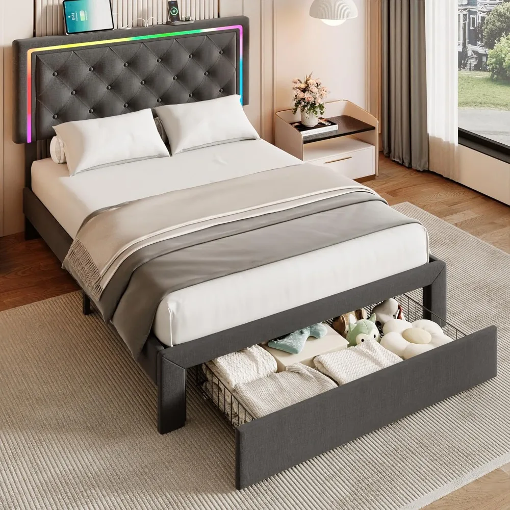 

Twin XL Bed Frame with Drawer and LED Headboard, Upholstered Bed Frame Twin XL Size with LED Lights and Charging Station, Solid