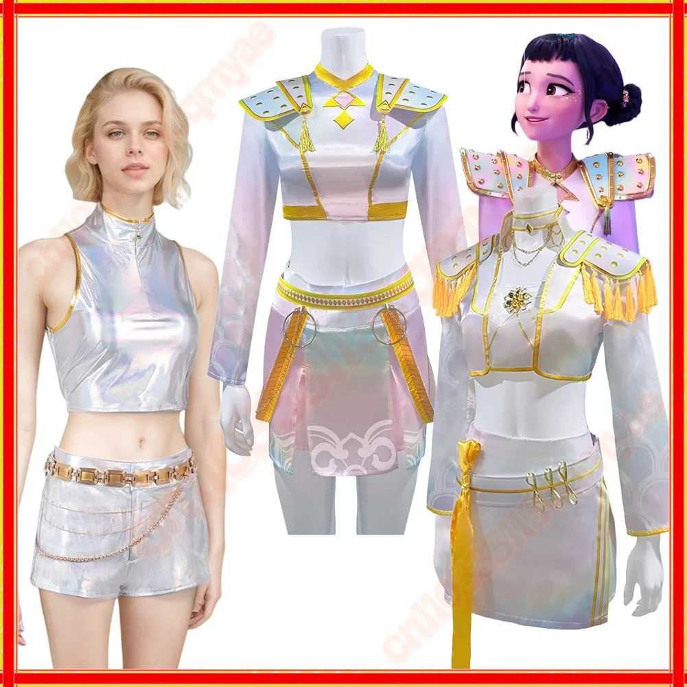 

2025 Cartoon Demon Hunter of KPop Rumi Zoey Cosplay Fantasy White Gold Singing Suit Clothing Costume Disguise Adult Women Outfit