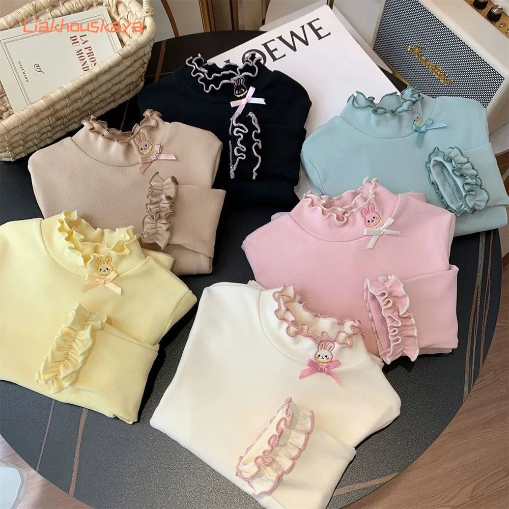 Girls Dralon Thermal Top 2025 Autumn Winter New Half Turtleneck Ruffle Trim Long Sleeve Shirt Soft Warm Base Layer For 2-12Y Big