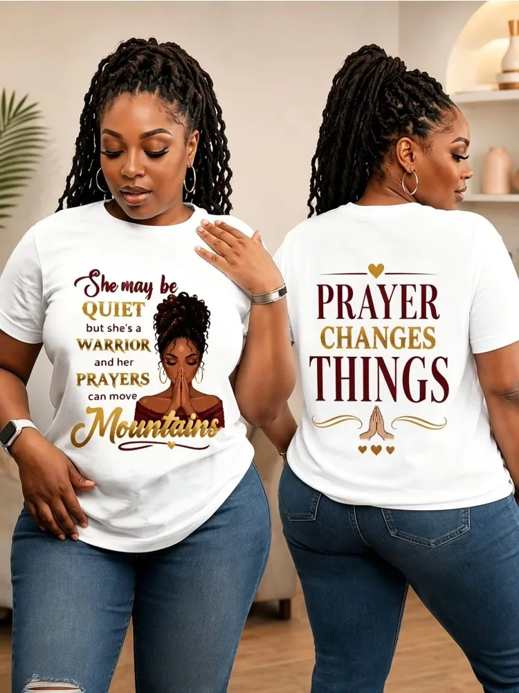 A White Short Sleeved T-shirt with Printed Prayer Words on The Mountaintop for Women, Featuring A Minimalist Religious Style