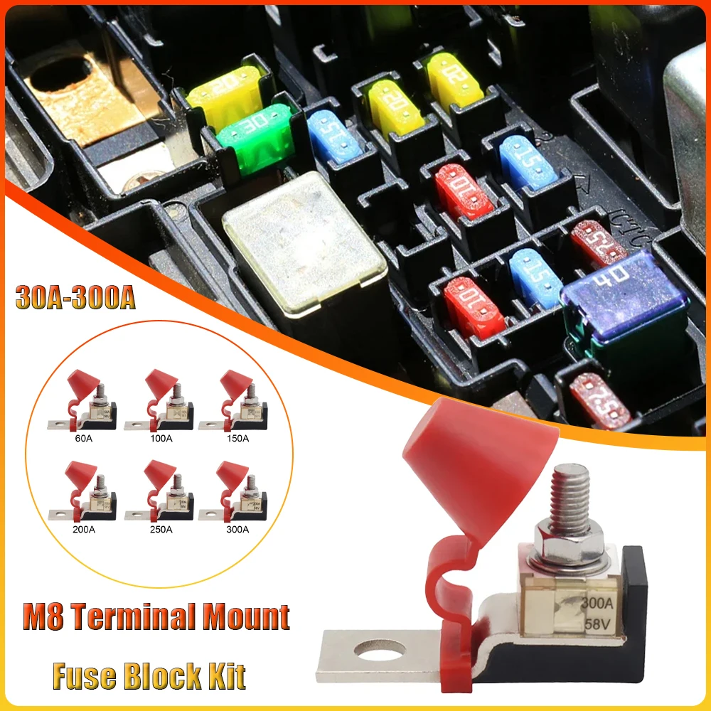 

30A-300A 58V Ring Fuse Marine Battery Terminal Holder Ignition Protection M8 Terminal Mount Fuse Block Kit for Boat Truck RV