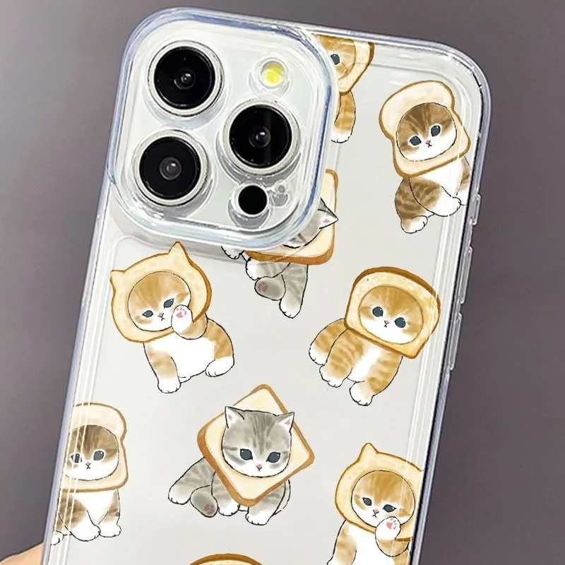 Una linda funda para teléfono espacial transparente con estampado de gato y pan, adecuada para teléfonos de la serie iPhone 17, 16, 15, Plus, Pro, Max: se puede utilizar como regalo