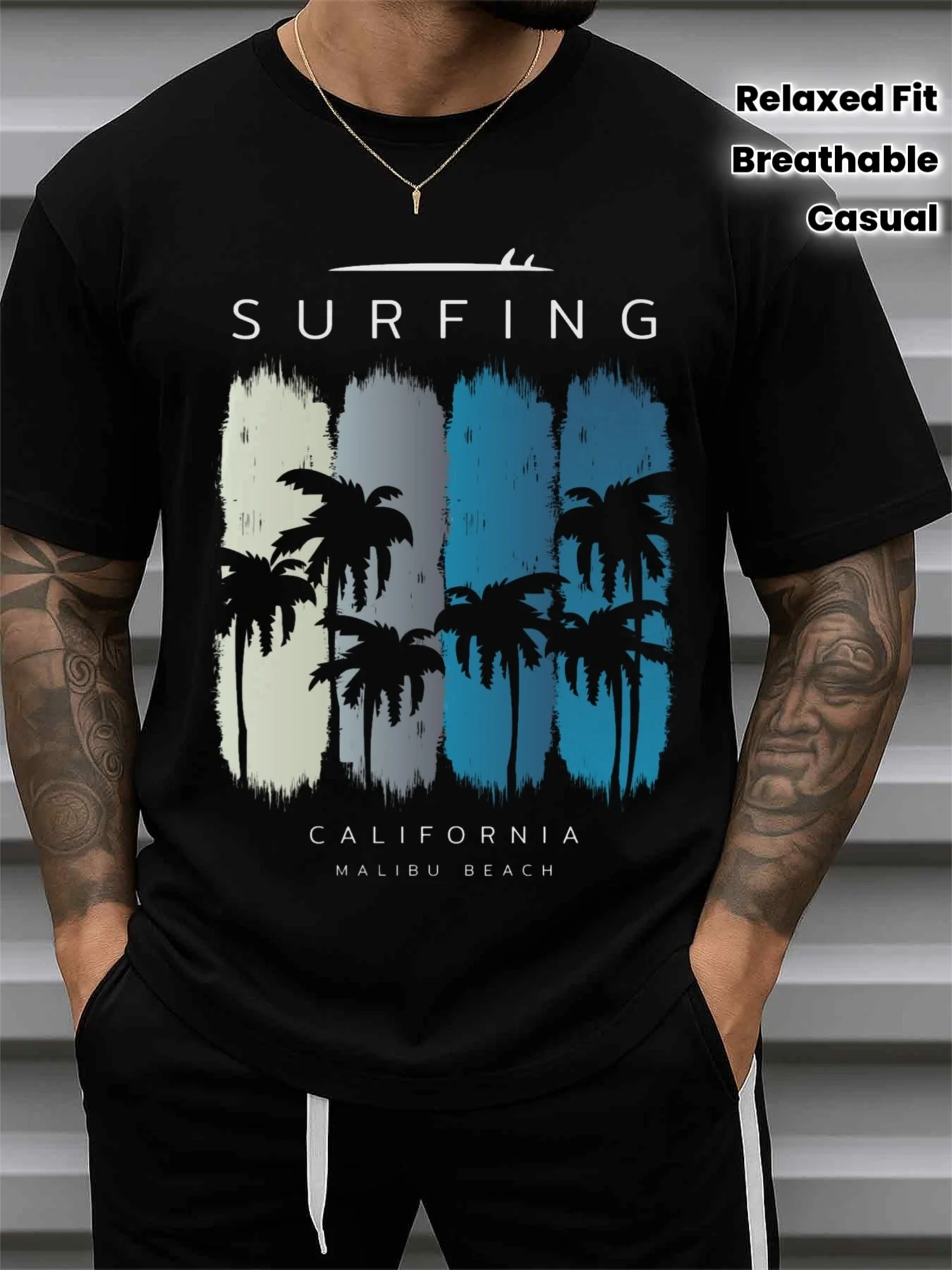 Men's Surfing Malibu California Beach Graphic T-Shirt - Oversized Loose Fit Short Sleeves, Surf and Palm Tree Design, Y2K Street Style Summer Casual Surf Wear, Breathable Black T-Shirt, Suitable for Beachwear and Casual Wear
