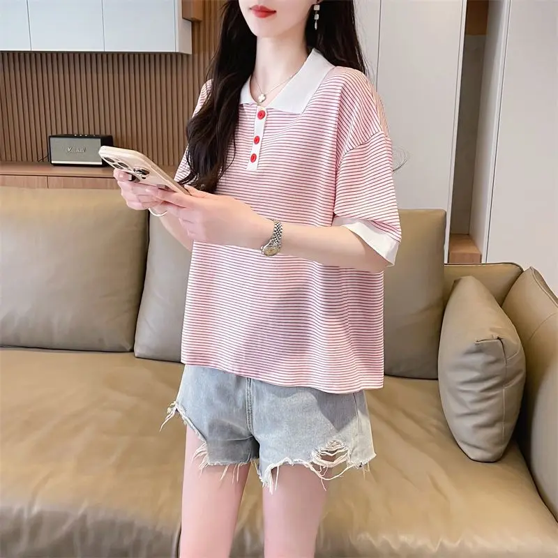 

DAYIFUN Polo Neck T-shirts Women's Striped Short Sleeved Tshirts Female Summer New Korean Style Loose Short Tops 20024 Ins Tees