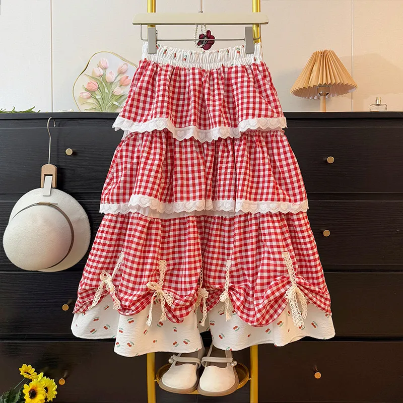 Sweet Plaid Skirts For Women Japanese Style Ruffles Spring Autumn Long Skirt Cute Cartoon Y2k Fashion Faldas Mujer