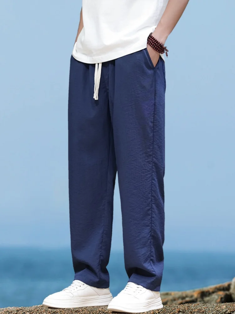 

Qui Dry Ice Silk Men's Summer Thin Breathable Air Conditioning Loose Sports Pants Straight Tube Drapey Tian Silk Nine Point...