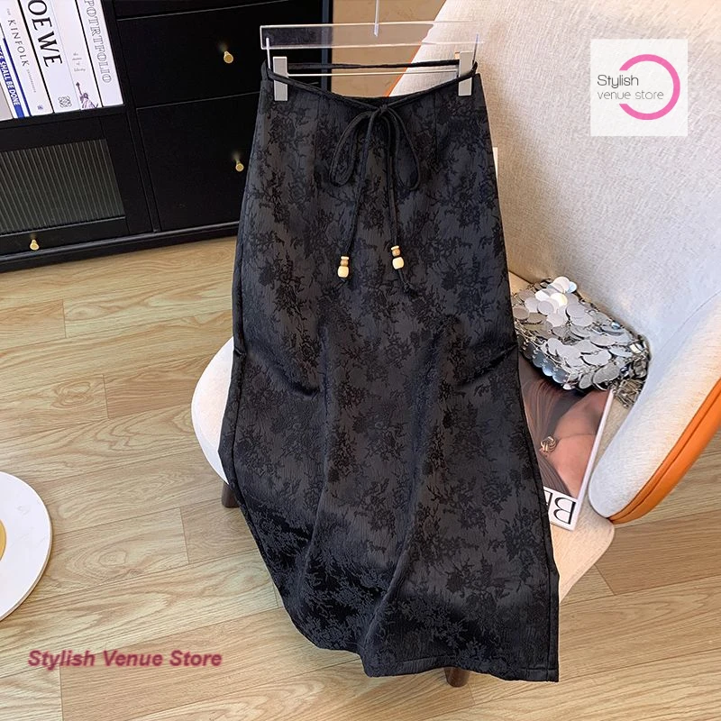 New Chinese black national wind skirt female spring and summer new fashion temperament high waist straight skirt one-step skirt