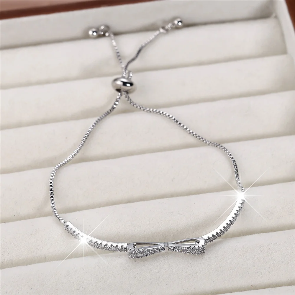 Charm Female White Zircon Stone Cute Bowknot Bracelet Silver Color Adjustable Wedding Jewelry For Women