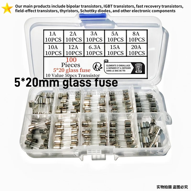 5x20mm No Pin Glass Fuse 1A-20A Fast Blow Glass Tube Fuse Assorted Specification for Circuit Protection BOX