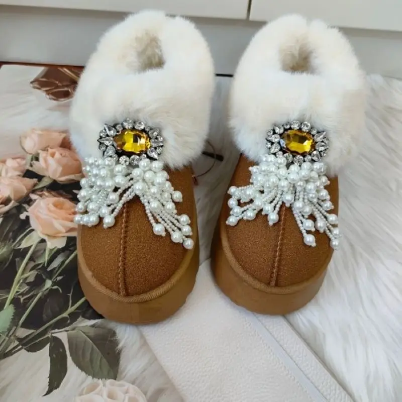 Cute Warm Ankle Boots Winter Women's Pearl Warmth Plush Cotton Shoes 2024 New Thich Sole Snow Boots Handmade Diamond