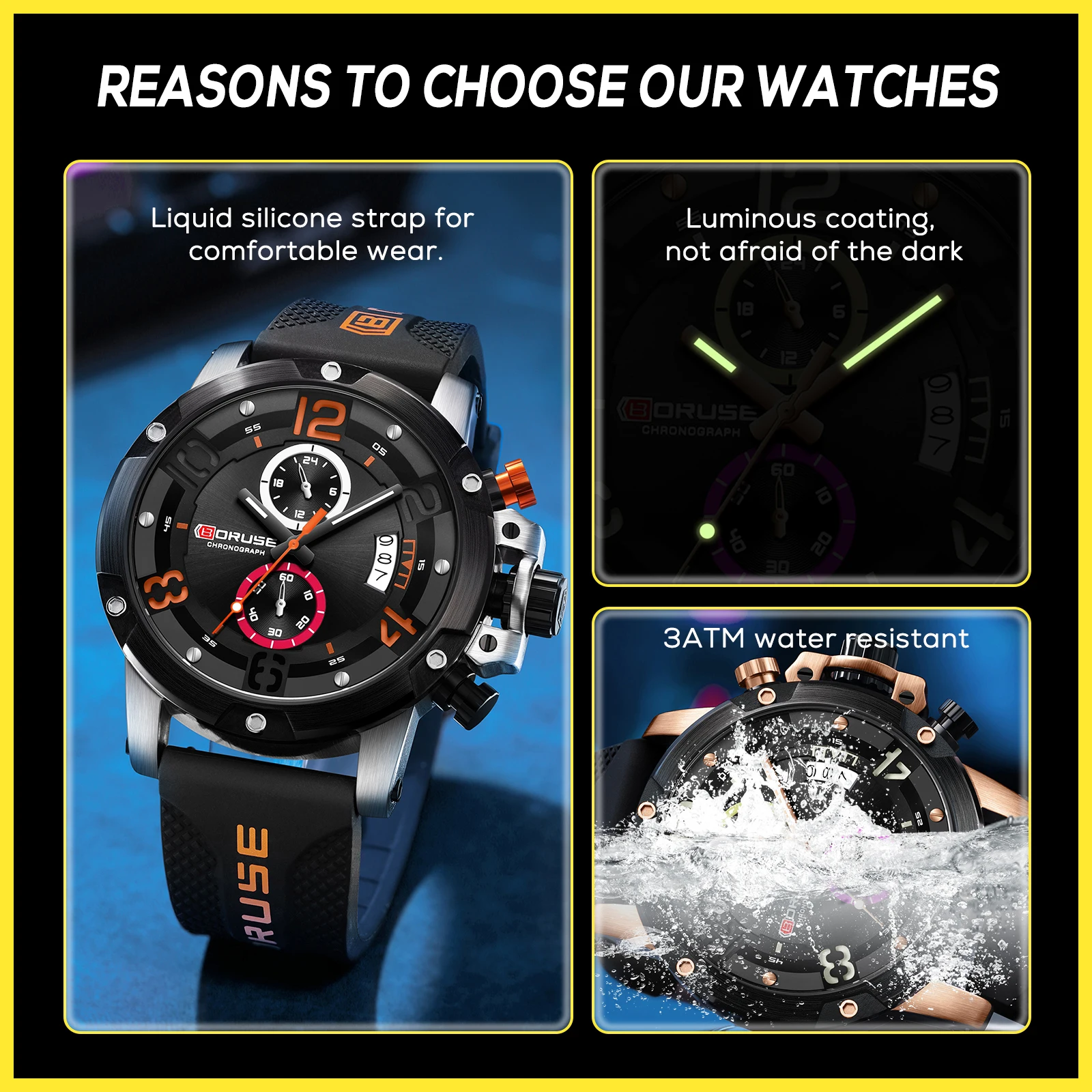 BORUSE Mens Chronograph Quartz Wristwatches Brand Luxury Wristwatch Men Automatic Time Watches for Men Waterproof Luminous Clock