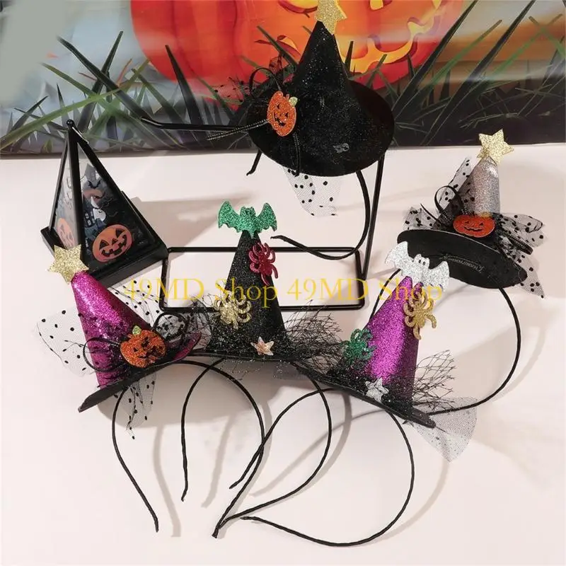 49MD Headband Pumpkin Witch Hat Spiderling with Sequins Hair Hoop for Girls Boys