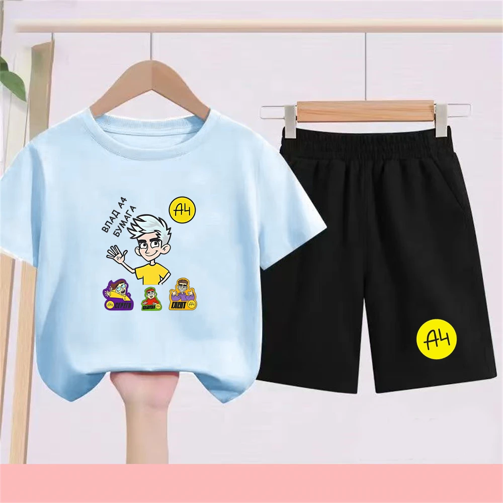Merch A4 Summer Boy Black Girl Red Cool Clothes T-shirt+shorts Sets Print T-shirt Short Tops Casual Tees Kids Vlad A4 Anime
