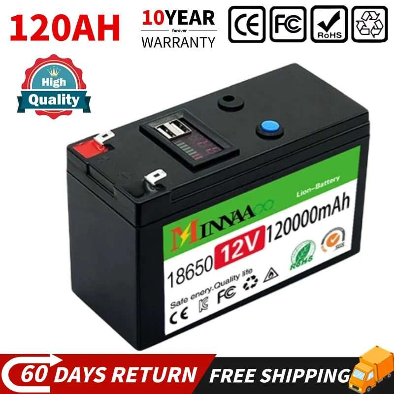 

12V 120Ah LiFePO4 Lithium Battery Portable Rechargeable Battery Built-in 5V 2.1A Usb Power Display Port Charging