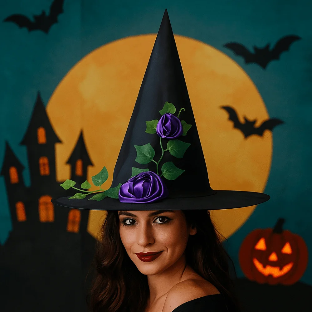 Lace Veil Halloween Witch Hat Foldable Party Props Flower Wizard Cap Cosplay Accessories Rose Feather Halloween Cap Masquerade