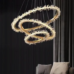 Luksusowa kryształowa lampa wisząca złoty pierścionek LED oświetlenie do salonu jadalni lekki designerski ściemnialny okrągły crystal light