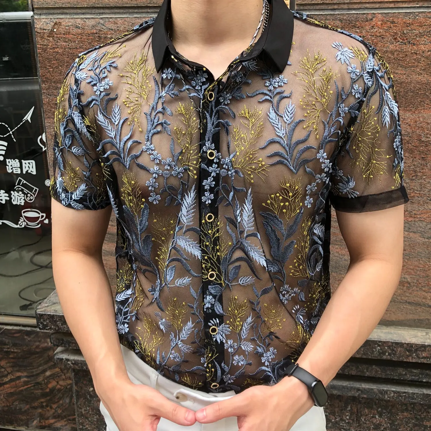 Emboridery Camisa Hombre Slim Mesh Shirt Men Outfit Top 4xl Flower See Through Shirt Club Party Shirt Sexy Transparent Shirt
